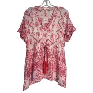 Johnny Was 100% Silk Pink Paisley Tassel Tunic Top, Boho, Oversized Small, flaws